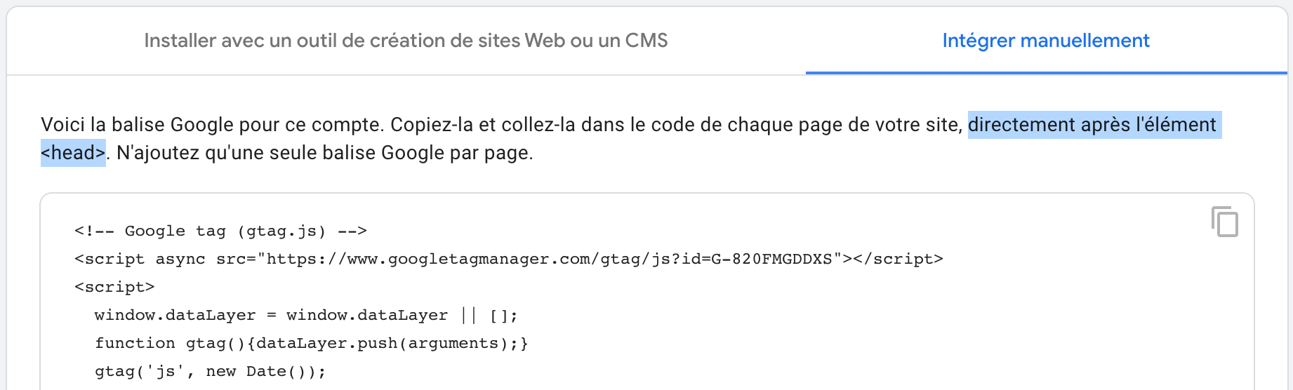 Capture des recommandations d'intégration de Google Analytics