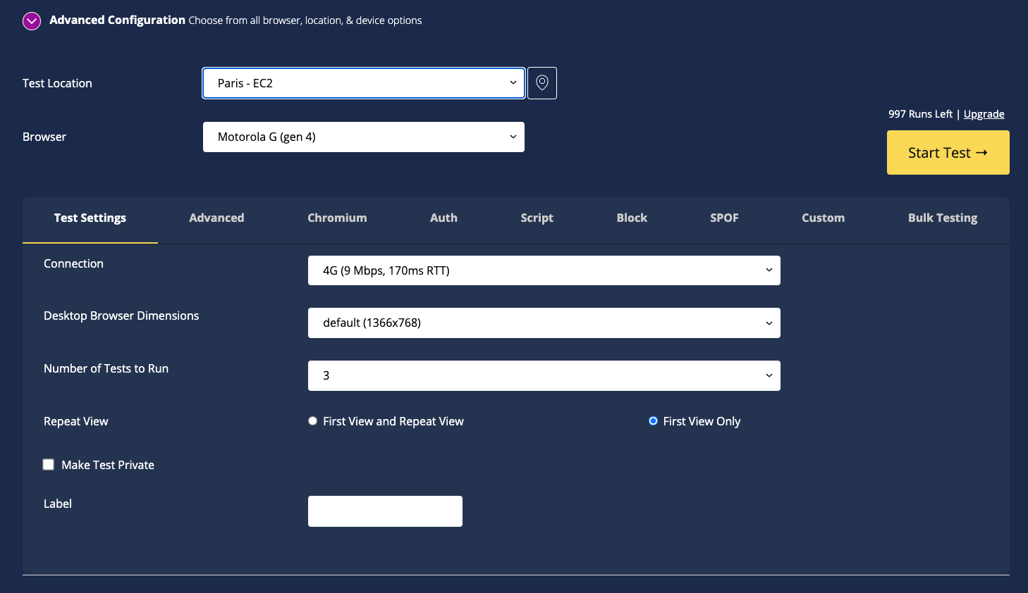 Lorsqu'on lance un test de performance synthétique via un outil comme WebPageTest, de nombreux paramètres permettent de reproduire au mieux les conditions d'un utilisateur type