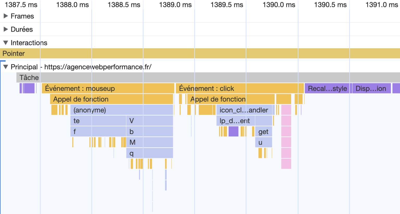 L'onglet Performance des DevTools Google Chrome répond très précisément à la question : que se passe-t-il lorsqu'un utilisateur clique sur tel ou tel élément ?