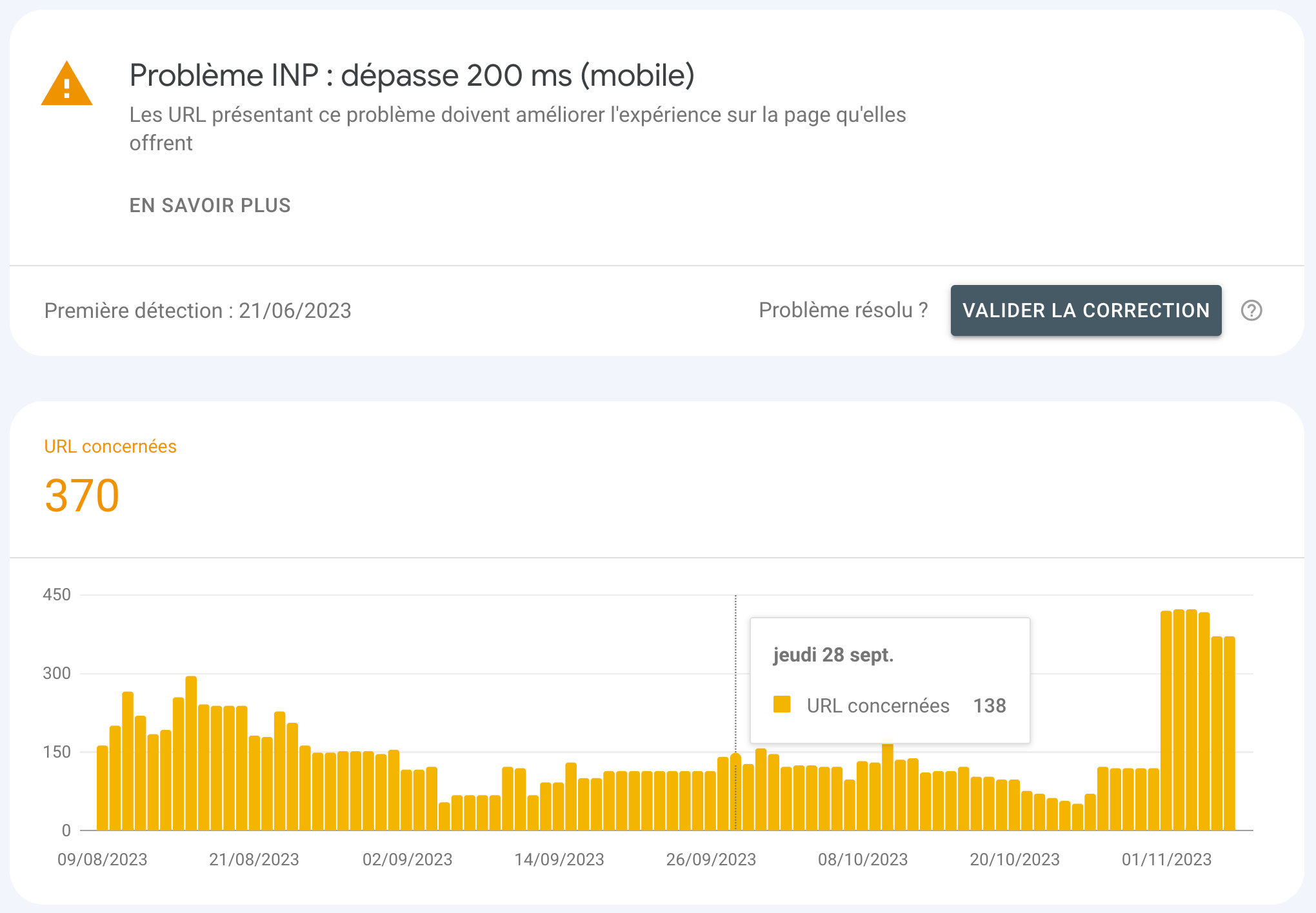 C'est sous cette forme, au sein de la Google Search Console, qu'une majorité d'éditeurs de site découvrent les problèmes d'INP qui affectent leurs pages