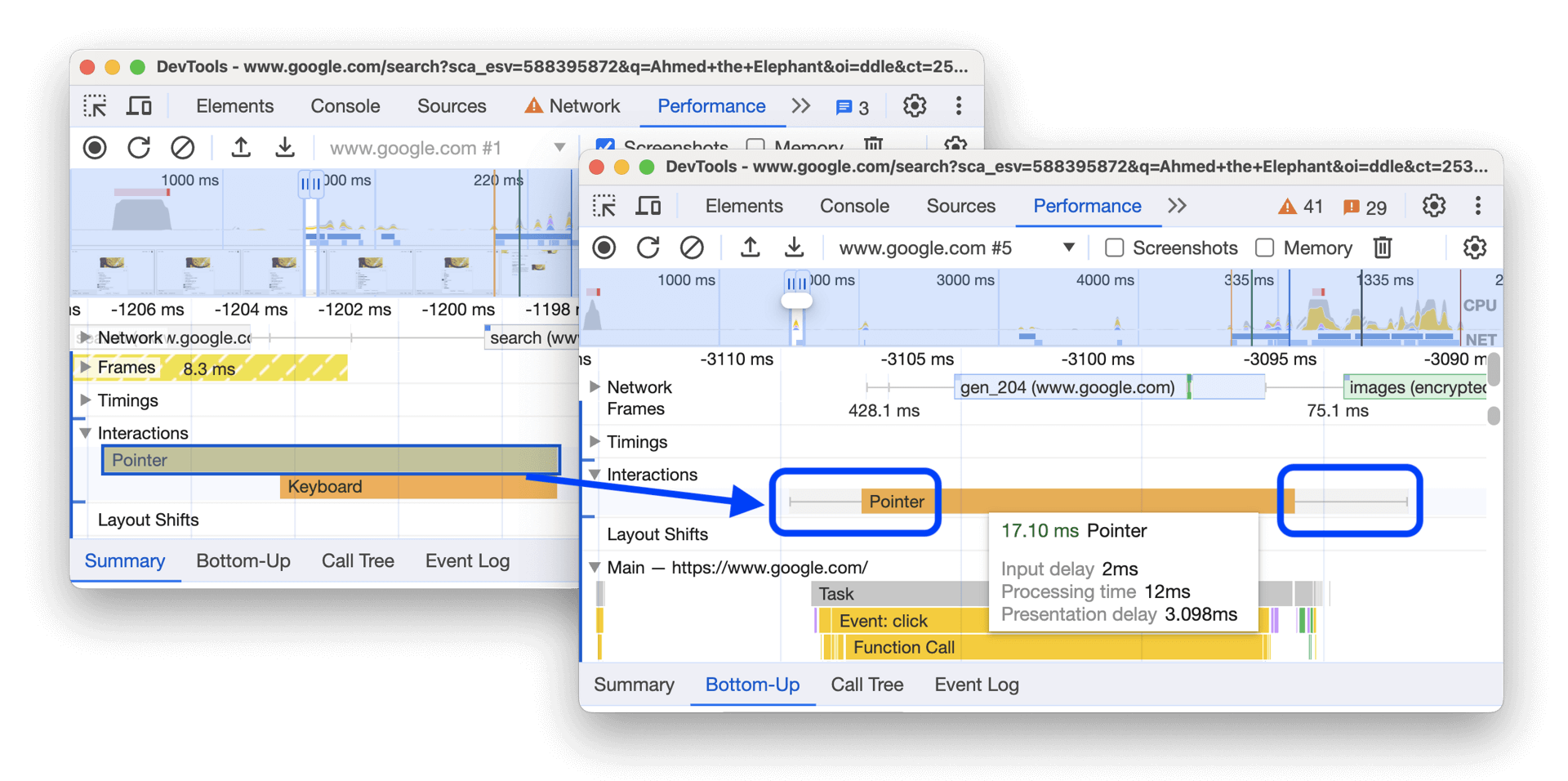 Chrome 121 et les versions suivantes ont significativement amélioré la compréhension des interactions et des tâches qui en résultent dans le fil d'exécution CPU