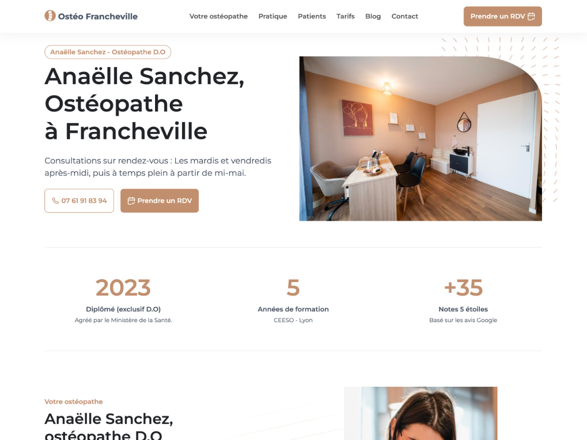 L'objectif de la première section de la page d'accueil est de rassurer et de pousser à prendre rendez-vous