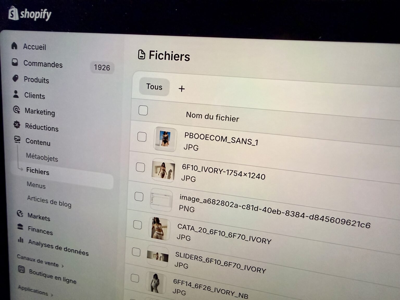 Interface d'administration de Shopify
